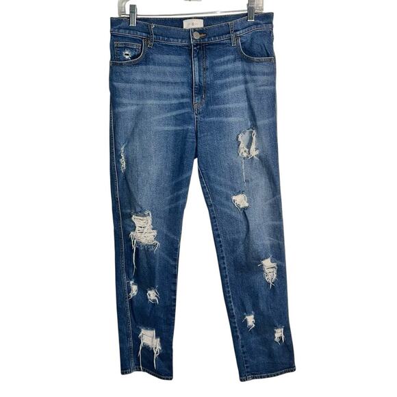 Lou & Grey Distressed Stretch Jeans Size 29 Mid Rise Slim Straight Leg - Picture 1 of 8